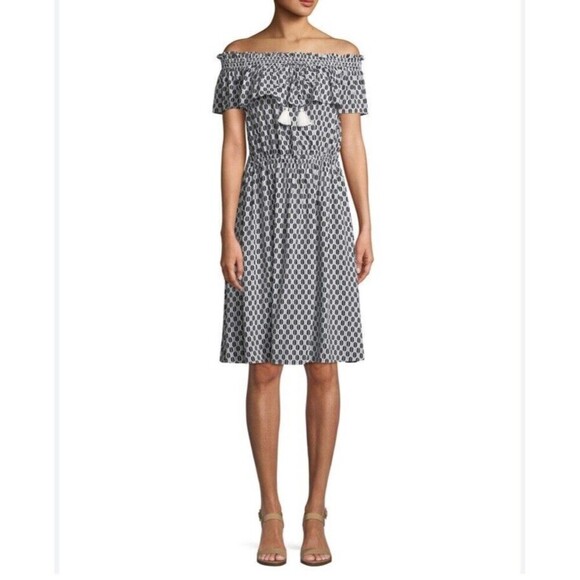 Kate Spade Arrow Stripe Dress M Off the Shoulder Costal Nautical Old Money - Picture 1 of 14